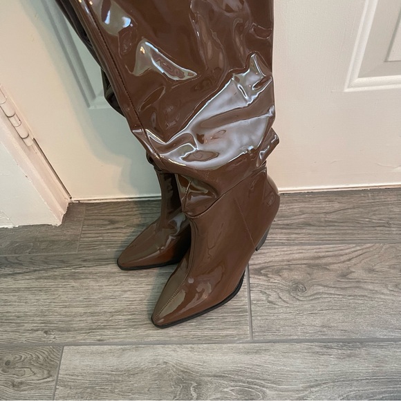 Nasty Gal Faux Patent Leather Tall Brown Boots 3.5" heels women’s size 8 EUC - Picture 6 of 11